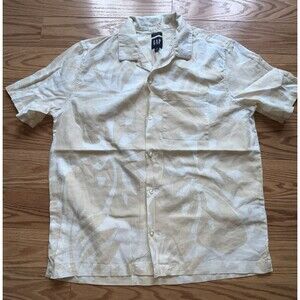Vintage Gap Men's Printed Linen-Blend Camp Shirt beige white leaf pattern Size S